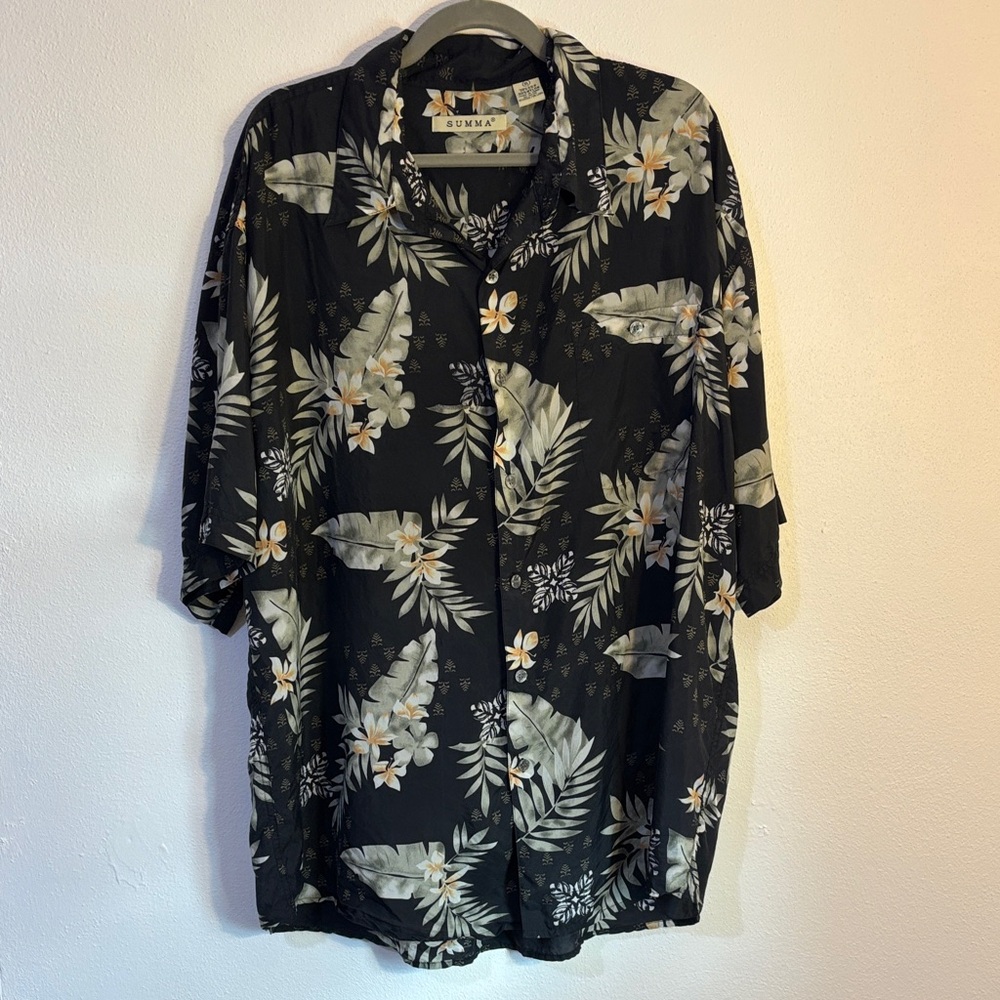 Summa XL silk Tropical Black Hawaiian Floral pocket Shirt